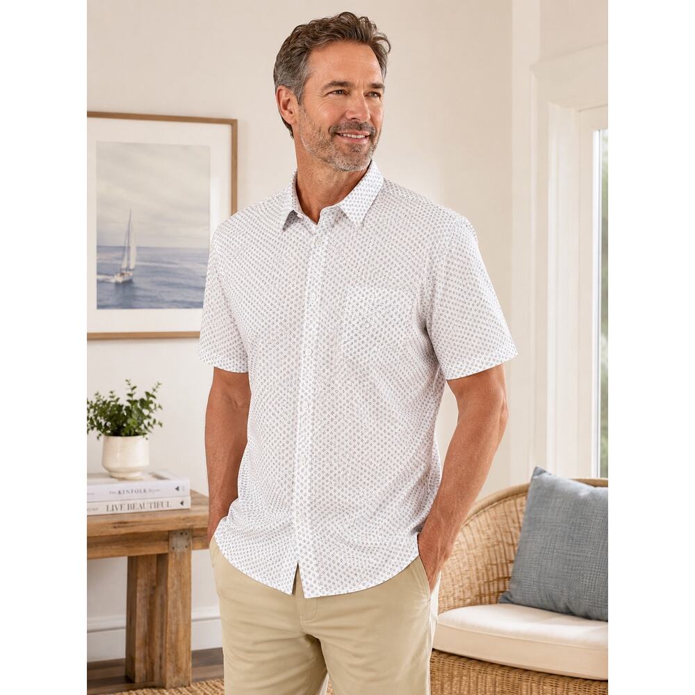 Faherty Reserve Movement Shirt XXL Cream Blue Clover Print Stretch NWT $148